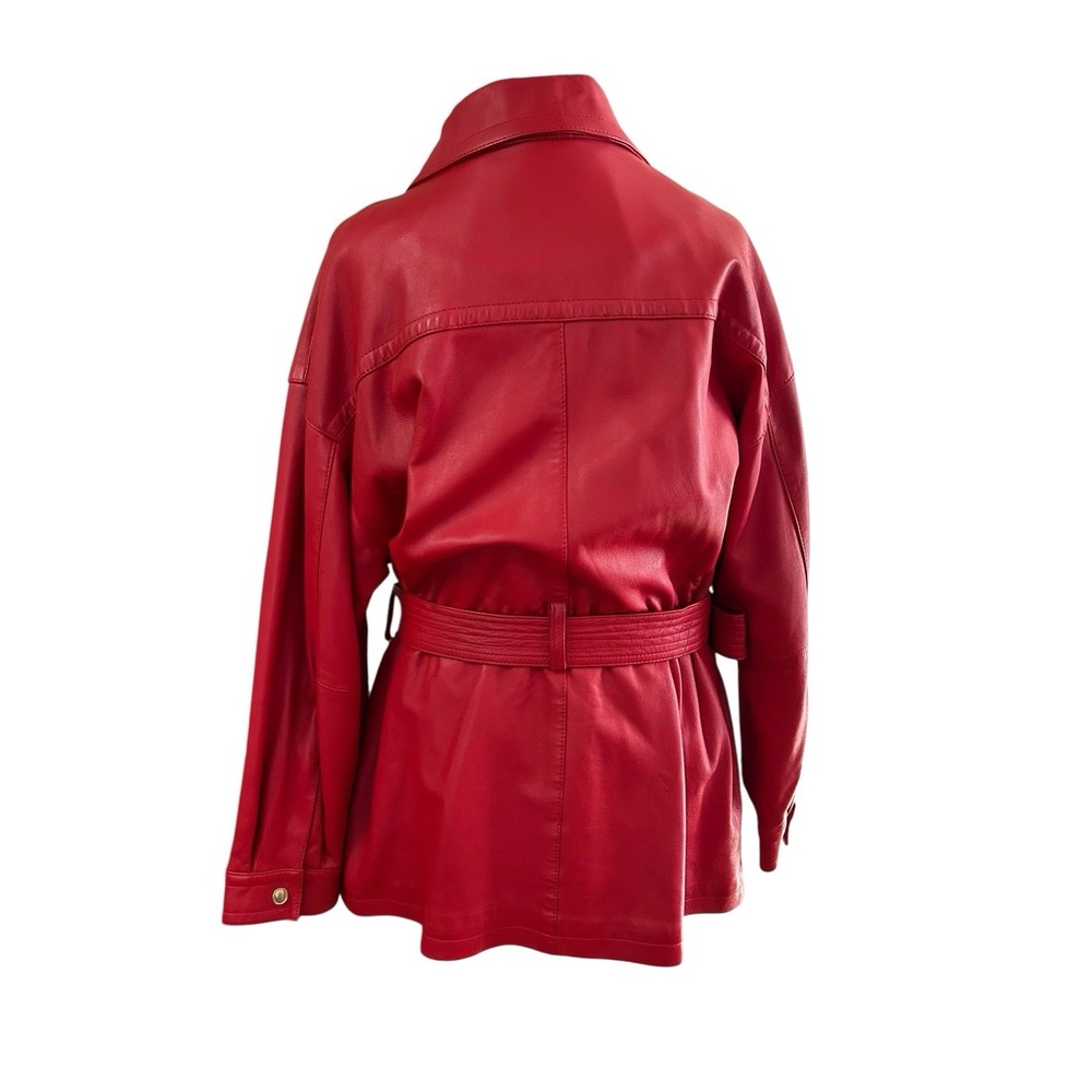 Margaret Godfrey Red Leather Belted Jacket Sz L**see pictures-stain on pocket - Picture 5 of 10